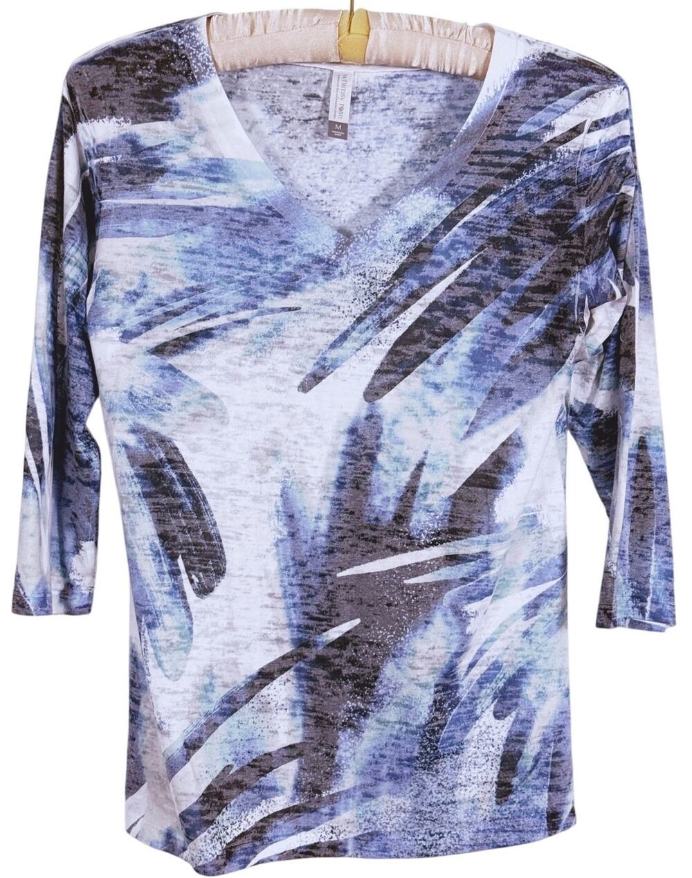 Whimsy Rose Buttersoft 3/4 Sleeve Top Size Medium Blue Brush Strokes Boho Indie